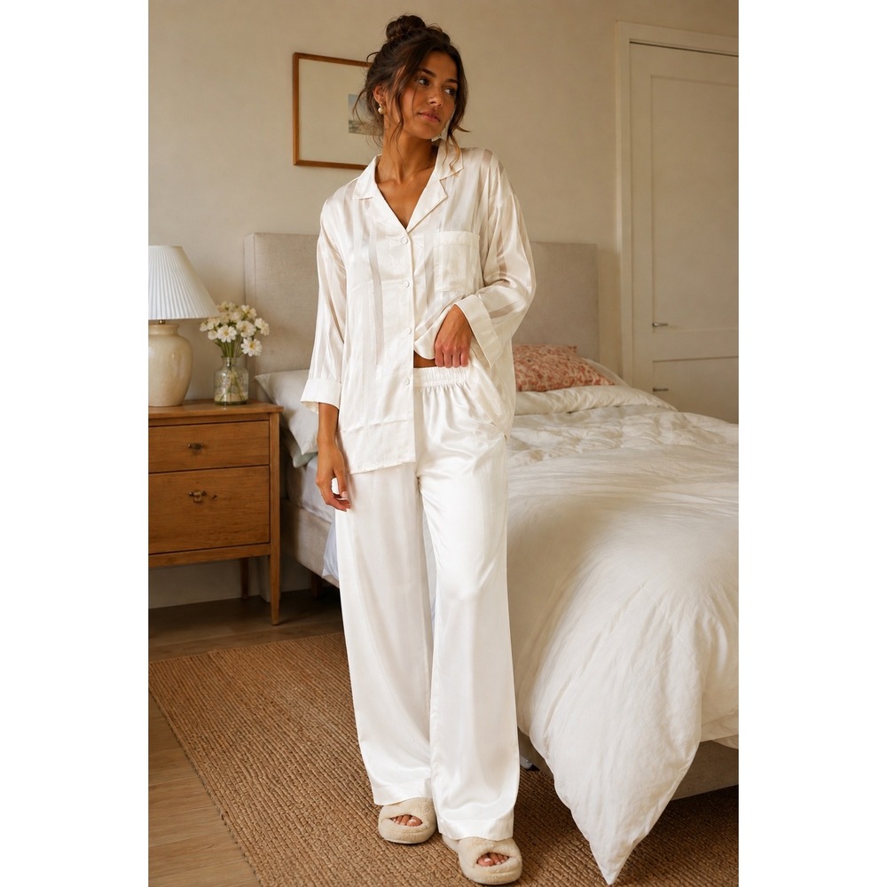 Alba Moda Womens Cream‎ Satin Sheer Striped Pajama Set Button Up Pants 40/42